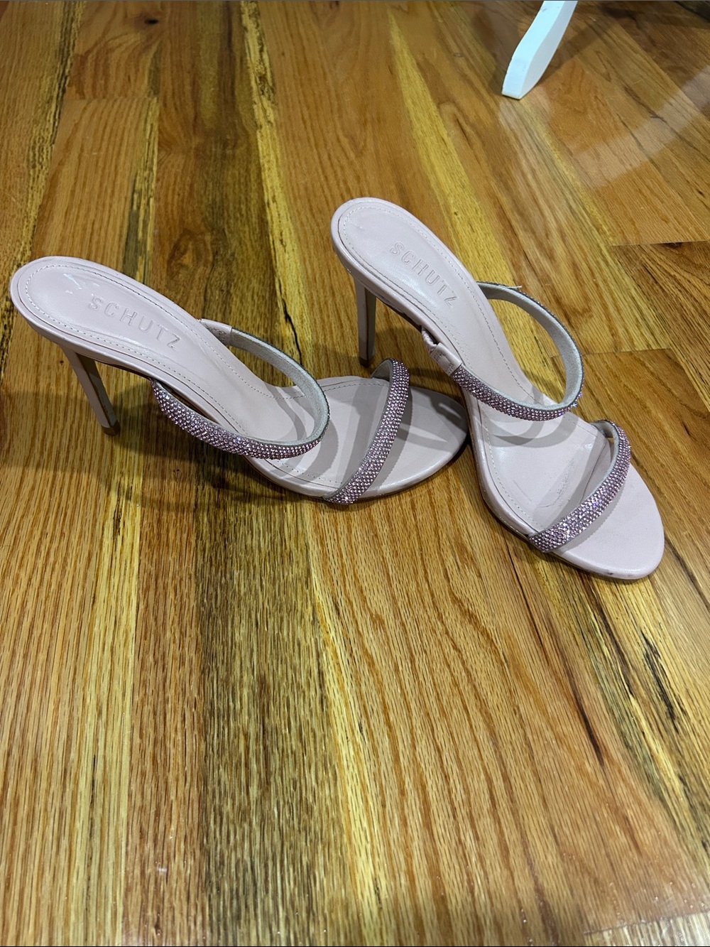 SCHUTZ Pink Rhinestone Double-Strap Stiletto Sandals